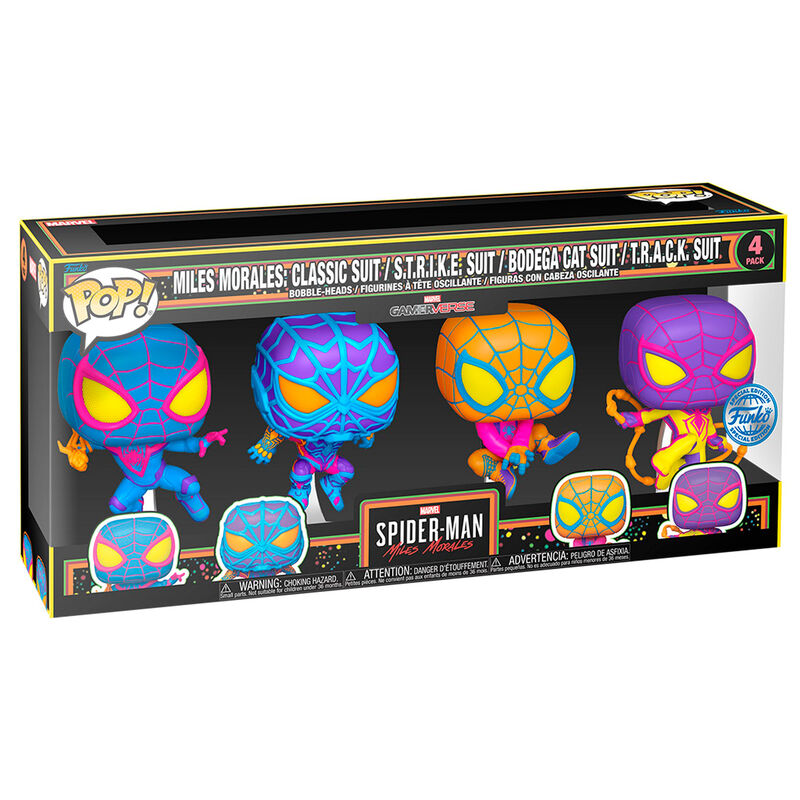 Funko Pop! Marvel Spider-Man Miles Morales Miles Morales: Classic Suit / STRIKE: Suit / Bodega Cat Suit / TRACK Suit Black Light 4 Pack Special Edition