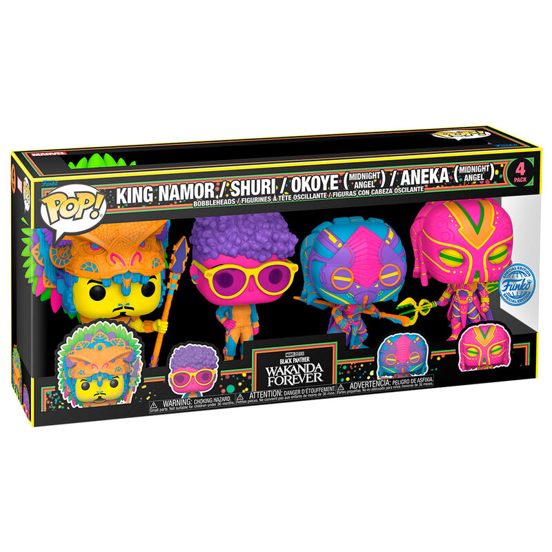 Funko Pop! Marvel Black Panther Wakanda Forever King Namor / Shuri / Okoye (Midnight Angel) / Aneka (Midnight Angel) 4 Pack Black Light Special Edition